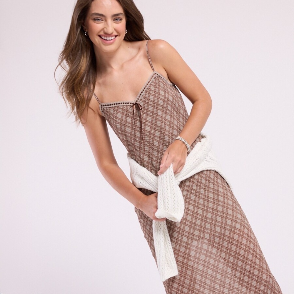 Plaid Brown Pleated Ribbon Trim Midi Dress